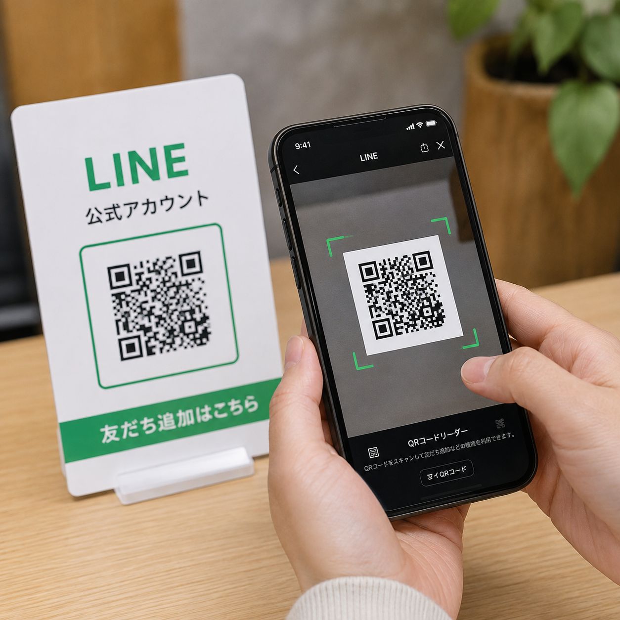 LINE公式アカウントのQRコードを、スマートフォンで読み取っているところ